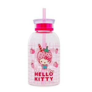 Silver Buffalo Sanrio Hello Kitty Pink Strawberry 15-Ounce Glass Milk Bottle With Straw - 1 of 4