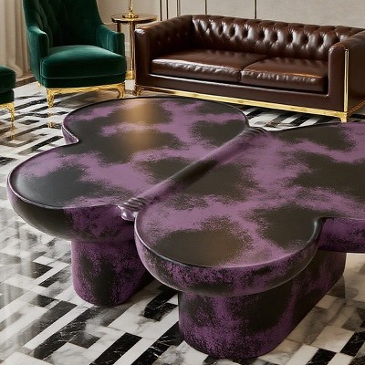 47'' Curved Butterfly Fiberglass Artistic Coffee Table, Modern Sculptural Coffee Table with Limestone Texture for Living Room Office-Coolbibila