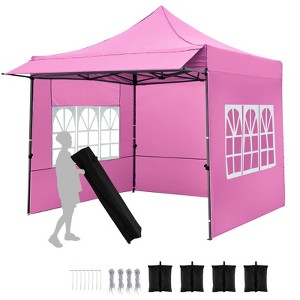 Costway 10 x 10 FT Pop up Canopy Tent with Sidewalls & Awning, Wheeled Bag, Sandbags, Stake Pink/White/Gray - 1 of 4