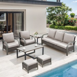 Belord 7PCS Outdoor Patio Furniture Set, All Weather Brown Wicker Outdoor Conversation Set with Couch, Patio Chair, Ottoman, Coffee Table, Side Table - 1 of 4