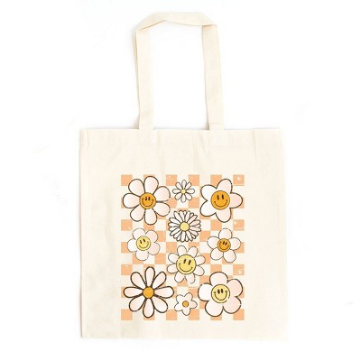 City Creek Prints Checkered Smiley Face Flowers Canvas Tote Bag - 15x16 - Natural