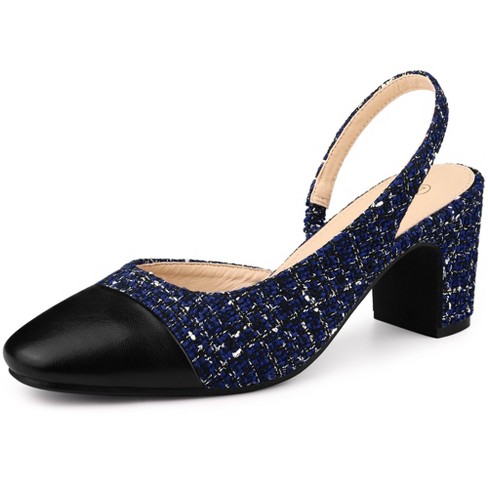 Allegra K Women s Plaid Cap Toe Slingback Chunky Heel Pumps Navy Blue 9