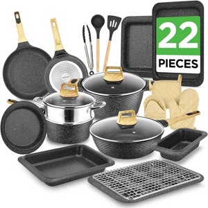 NutriChef 22-Piece Home Kitchen Cookware, Kitchen Tools, and Bakeware Set - Marble Non-Stick Pots and Pans (Black) - 1 of 4