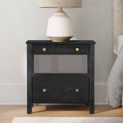 Delano Black Oak Veneer 2-Drawer Nightstand with Gold Knobs