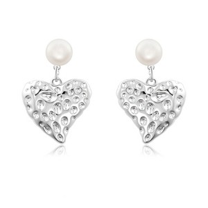 925 Sterling Silver Heart Earrings with White Pearl, Hammered Dangle Drop for Wedding - 1 of 4