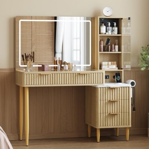 Makeup Vanity Desk with Mirror & LED Lights, Fluted Dressing Table with 5 Drawers, 3 Storage Shelves, Glass Top & Charging Station/Power Outlet - 1 of 4