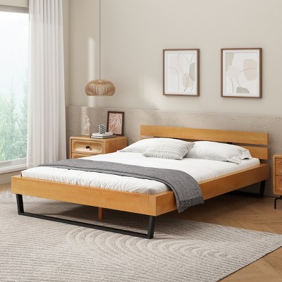 1 Piece Platform Bed Frame, Pine Wood and Black Iron, Slatted Headboard, No Mattress Included - Baofuwish