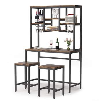 Tribesigns Bar Table with 2 Chairs, Dining Set with Hutch Storage Shelves, Pub Table with Glass and Bottle Holder