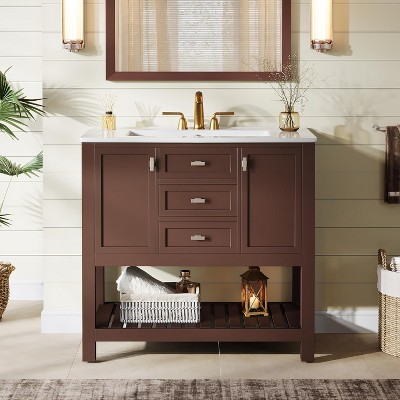 Tribesigns 36" Bathroom Vanity with Sink, Modern Bathroom Storage Vanity Cabinet with 3 Drawers, Brown