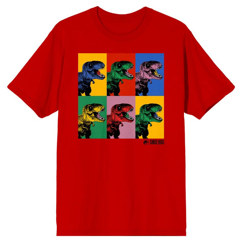 Jurassic Park Dinosaur Collage Crew Neck Short Sleeve Red Men's T-shirt, 1 of 4