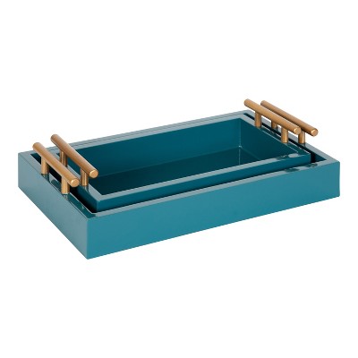 Teal and Gold Rectangular Wood Tray Set with Metal Handles