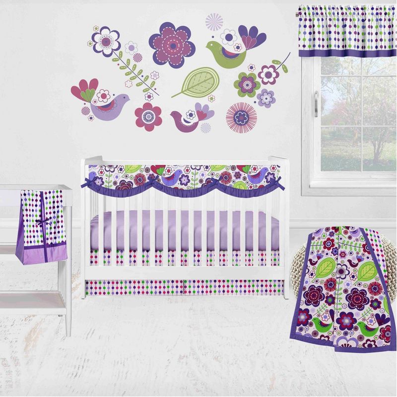 Bacati - Botanical Floral Birds Purple Multicolor 6 pc Crib Bedding Set with Long Rail Guard Cover, 1 of 11