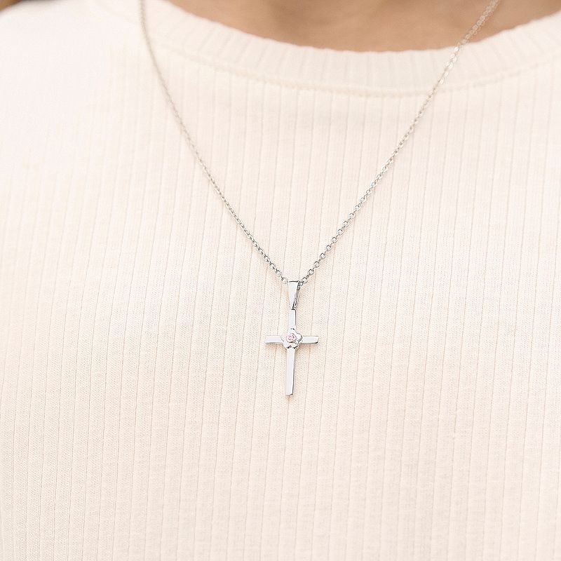 Girls' Flower CZ Cross Sterling Silver Necklace - In Season Jewelry, 4 of 7