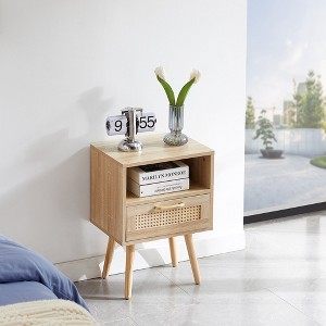 15.75" Rattan End table with drawer and solid wood legs, Modern nightstand,Black - 1 of 4