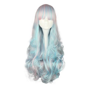 Unique Bargains Women's Curly Wigs 26" Pink Highlights Blue with Wig Cap - 1 of 4