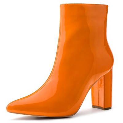 Allegra K Women s Pointed Toe Zip Chunky Heels Ankle Boots Orange