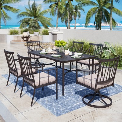 Captiva Designs 7pc Outdoor Patio Slat-top Rectangle Dining Steel Table & Foldable Arm Chairs