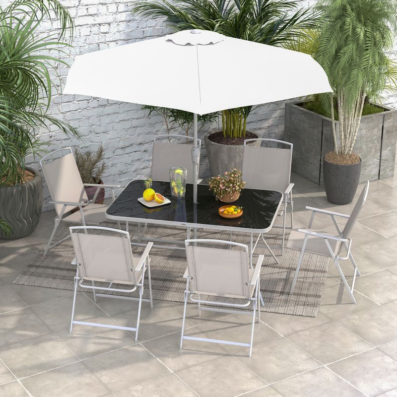 Outsunny 8 Piece Patio Dining Set with Table Umbrella, 6 Folding Chairs and Rectangle Dining Table, Outdoor Patio Furniture Set, 2 of 7