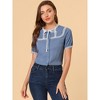 Allegra K Women's Short Sleeve Lace Panel Bow Tie Collar Button Down Shirt - 3 of 4