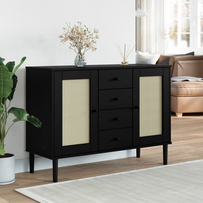 vidaXL Sideboard SENJA Rattan Look Black 44.1 in.x15.7 in.x31.5 in. Solid Wood Pine