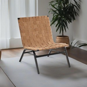 Woven Leather Accent Chair with Basket Weave Seat, Metal Frame, and Mid-Century Modern Design - 1 of 4