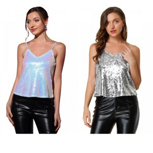 Allegra K Women's Sequined Shining Adjustable Straps Party Sparkle Cami Top 2 Packs - 1 of 4
