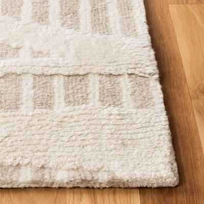 Beige and Ivory Hand-Knotted Wool Shag Runner Rug