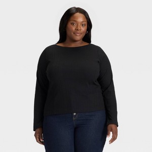 Women's Split Long Sleeve Boat Neck Rib-Knit Top - Ava & Viv™ - 1 of 3