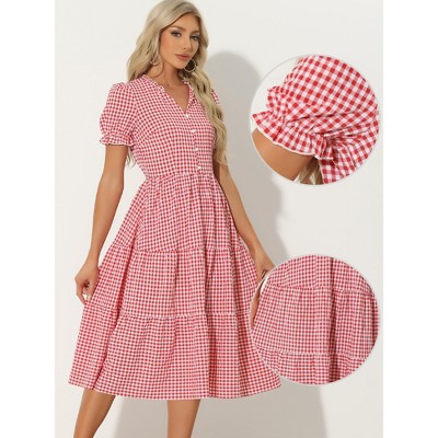 Женские платья INSPIRE CHIC Women's Summer Ruffle Trim V Neck Button Decor Gingham Dress Medium Red — фото 2