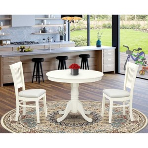 HomeStock 3-Pc Dining Room Table Set- 2 Wooden Chairs and Round Dining Table - Linen Fabric Seat and Slatted Chair Back - Linen White Finish - 1 of 4