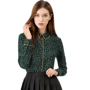 Allegra K Women's Printed Long Sleeve Piped Button Down Office Shirt - 1 of 4
