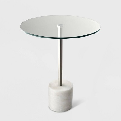 Round White Marble and Brushed Steel End Table with Glass Top