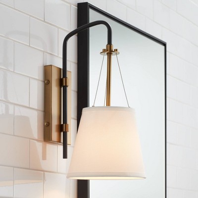 Crysta Mid-Century Brass & Black Wall Sconce with White Linen Shade