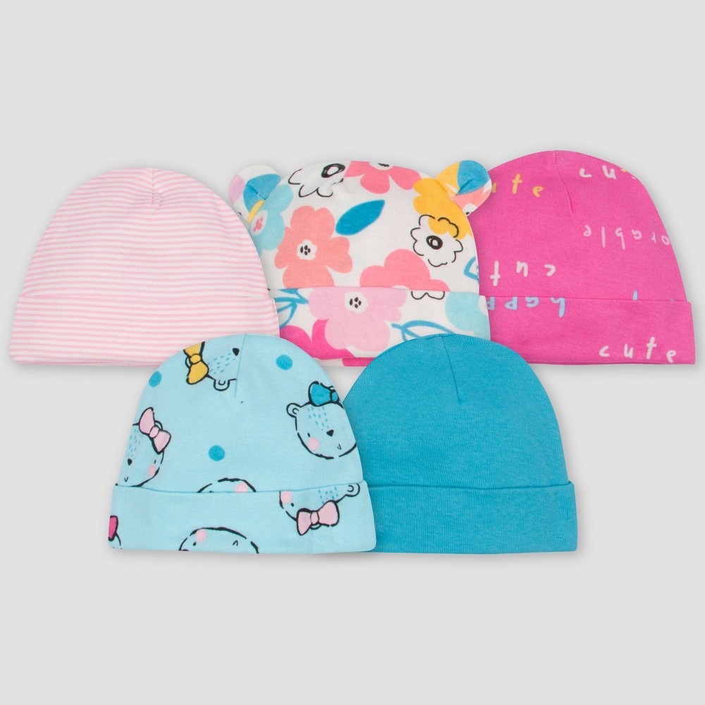 Size 0-6M Gerber Baby Girls' 5pk Bear Caps - Pink/Blue