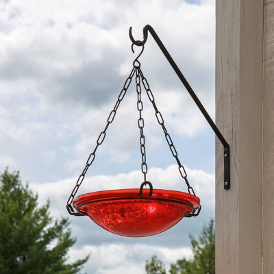 Red Crackle Glass Hanging Birdbath with Iron Chain