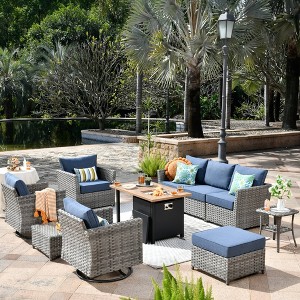 Ovios Tenaya 10pc Wicker Outdoor Patio Furniture Set Conversation Sofa with a Storage Fire Pit, Swivel Chairs and Cushions - 1 of 4