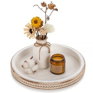 Aoibox Decorative Serving Tray: White Washed Bead Round Coffee Table Tray, Rustic Wooden Farmhouse Centerpiece for Living Room Kitchen Counter - 1 of 4