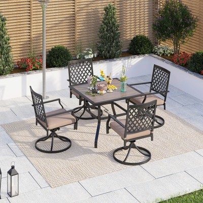 Captiva Designs 5pc Patio Wood-look Square Dining Table with Umbrella Hole & Metal Arm Chairs