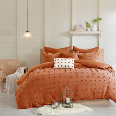 Rust Cotton Jacquard Full/Queen Duvet Cover Set with Shams and Pillows