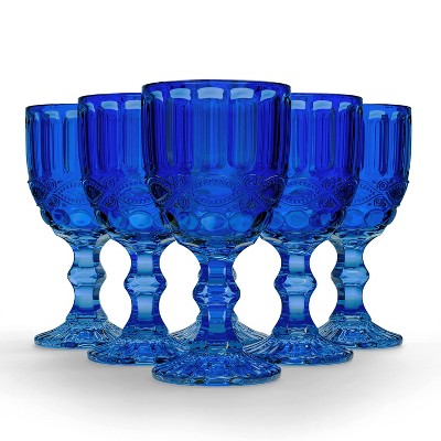 Elle Decor Embossed Goblets Glasses, Vintage Glassware Sets, Water Goblets for Party, Wedding, & Daily Use, Set of 6