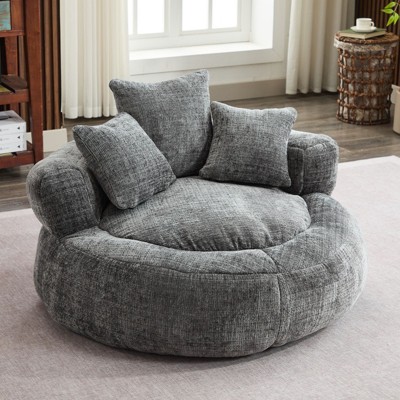 Efomao Round Ultra Soft Chenille Foam Bean Bag Chair - Oversized Comfy with Armrests & 3 Pillows - for Adults/Teens (Grey)