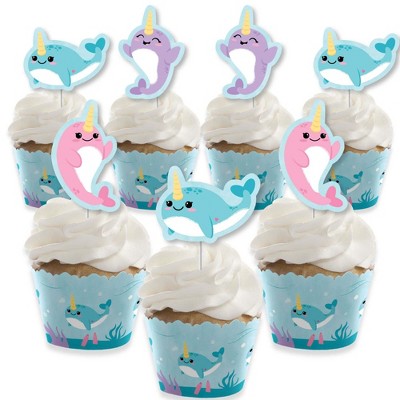 Big Dot of Happiness Narwhal Girl - Cupcake Decoration - Under The Sea Baby Shower or Birthday Party Cupcake Wrappers and Treat Picks Kit - Set of 24