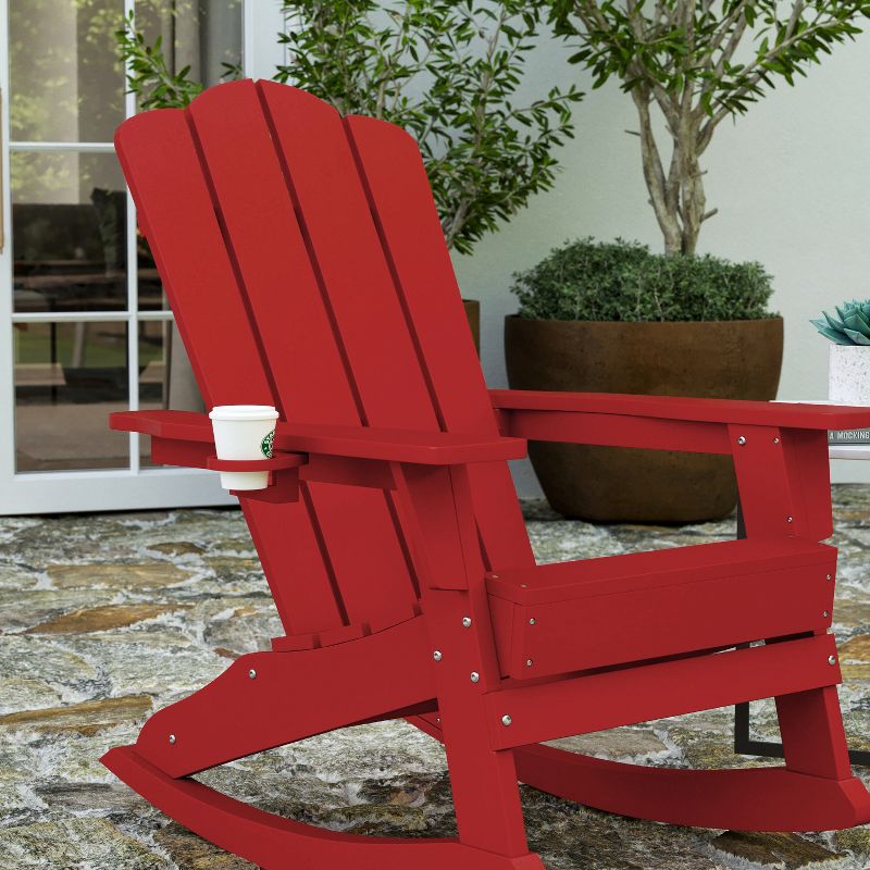 Merrick Lane Adirondack Rocking Chair with Cup Holder, Weather Resistant HDPE Adirondack Rocking Chair in Red, 3 of 11