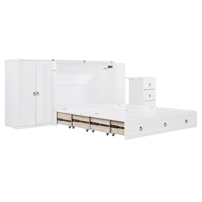 VYNXARIA Space Saving Queen Murphy Bed: White, USB, Large Drawer, and Versatile Wardrobe Desk Combo