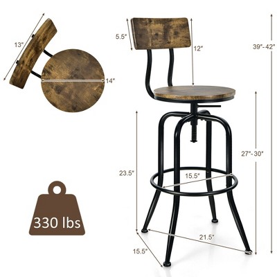 Industrial Adjustable Swivel Bar Stools Set of 2 in Rustic Brown Wood and Black Metal