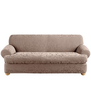 Stretch Jacquard Damask T-Sofa Slipcover Mushroom - Sure Fit, Brown