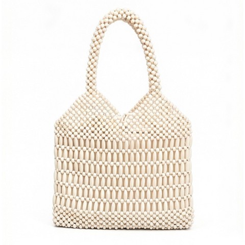 Сумки Alilang Beaded Tote Bag Structured Wooden Bead Handbag Open Weave Large Shoulder Bag Lightweight Carryall Purse - White
