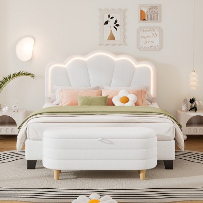 2-Pieces Bedroom Sets, Full Size Flower-Shaped Upholstered Led Platform Bed, Storage Bench For Organized Spaces-Cuddlewood
