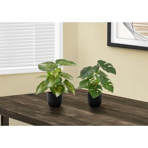 Monarch Specialties Artificial Plant 13 inch Tall Monstera Calthea Indoor Faux Fake Table Greenery Potted Set Of 2 Decorative Green Leaves Black Pots - 1 of 4