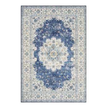 Whizmax 5x7''Boho Traditional Washable Area Rug, Foldable Non-Shedding Floor Mat with Low Pile Non-Slip Rubber Backing,Blue